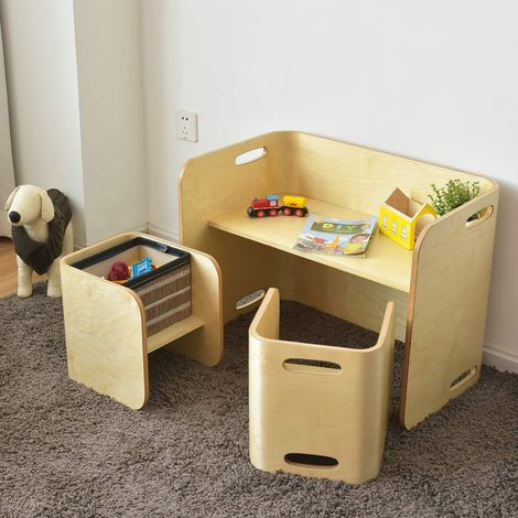 COSTWAY 3tlg. Kindertisch Stühle Set Birke, Kindersitzgrupppe Holz, Kindermoebel Kinder Lerntisch für Zuhause Schule Kindergarten