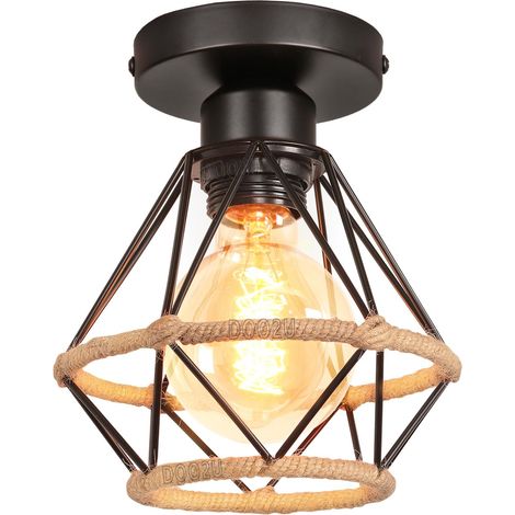 Plafonnier Luminaire Industrielle Diamant Chanvre Corde Ø16cm Métal Lustre Suspension Abat-Jour Rétro E27 cuisine salon chambre (1/5)