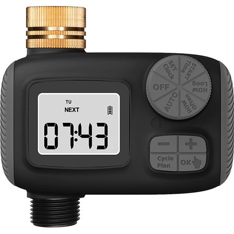 Temporizador de riego, pantalla LCD, sensor de lluvia, salida de latón, policarbonato, césped de jardín (1/5)