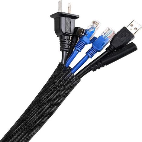 Funda para cables, 5 m, Diámetro 15 mm, Recortable, Gestión de cables, Velcro, Funda para cables con cierre automático, Gestión de cables, Negra (1/5)