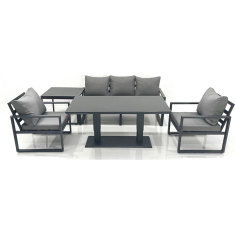 Fimous Outdoor Aluminium Garden Furniture Set with Adjustable Rising Lifting Dining Table 3 Seater Sofa 2 Chair Side Table Dark Grey (1/5)