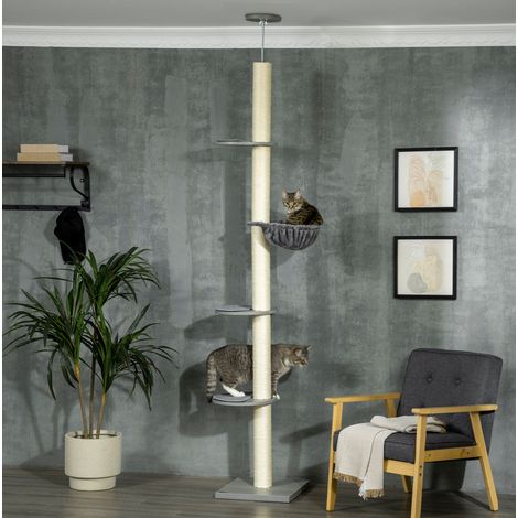 Arbre à chat plafond réglable 230-250 cm avec hamac, griffoirs et plateformes gris crème HAVRYA (1/5)