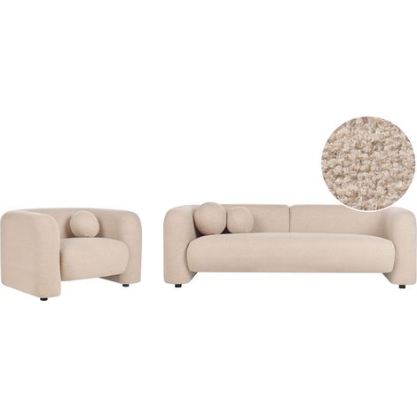 Set da salotto composto da divano e poltrona in bouclè beige 4 posti con cuscini aggiuntivi Leiren