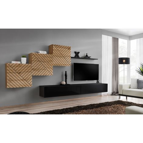 Ensemble de 6 meubles muraux "Switch X " pour TV en bois - Beige et Noir - L 330 x H 150 x P 40 cm - Livraison gratuite
