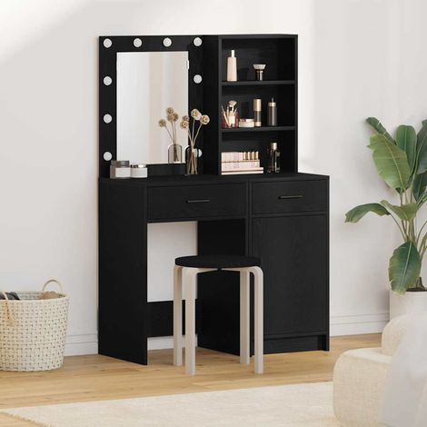 Schminktischset mit LED mit Regal 2 pcs Schwarz Eichen-Optik