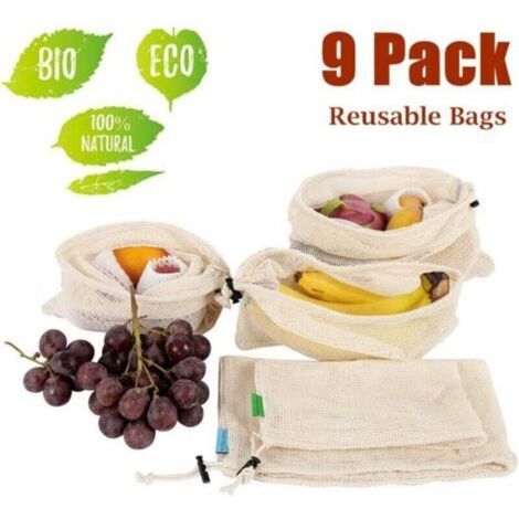 Set mit 9 Baumwollbeuteln - Baumwoll-Gemüsebeutel - Wiederverwendbare Obst- und Gemüsebeutel - Bio-Baumwollbeutel in großen Mengen - Wiederverwendbare Gemüsebeutel - Stoffbeutel - Baumwollbeutel - Gem