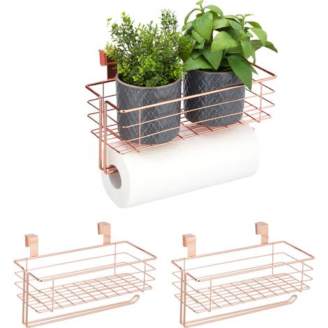3 cestini appendibili con portarotolo, per cucina e bagno, in filo, 18 x 31 x 17 cm, rame