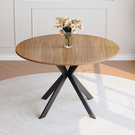 Table à manger ronde 110 cm effet noyer en MDF avec base X noire REDOM (1/5)