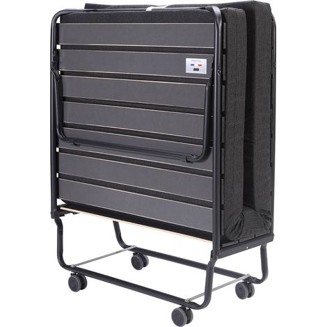 Altobuy – Lit pliant à roulettes 90x190cm – Matelas en mousse polyuréthane 11cm – Structure métal noir – 17 lattes larges 83cm (1/5)