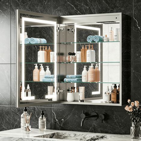 WUMAGIN -Armoire à miroir de salle de bain - 70x50cm - Lumière tricolore réglable - Désembueur intégré - Avec Prise et USB - Porte simple - Pour Salle de bains, toilettes, salle de douche - Gris argen