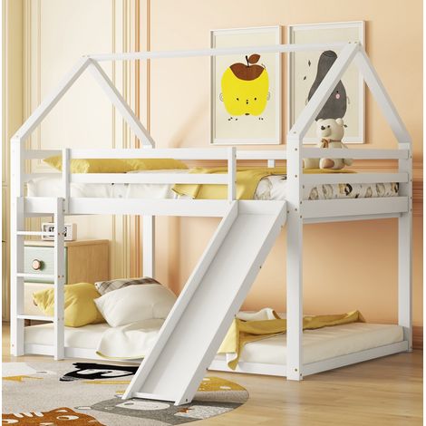 lit enfant superposé maison 140x200 toboggan blanc OKMYHOME (1/5)
