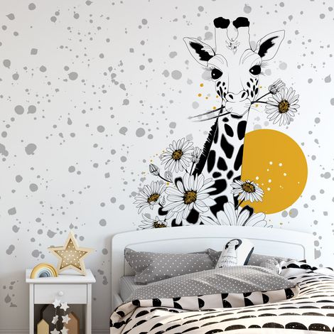 Papier peint panoramique Girafe et fleur, Noir et blanc 150 x 250cm (1/5)