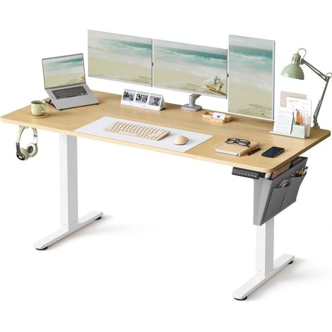 Bureau Électrique Réglable en Hauteur, 160 x 70 cm, Table Assis-Debout, Fonction Mémoire 4 Hauteurs, pour Bureau, Télétravail, Doré Chêne (1/5)