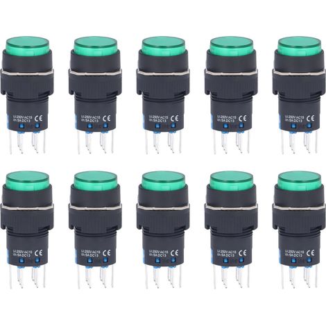 Bouton poussoir rond 16mm BEM-LA16-22DS-Y, impulsionnel ou auto-maintien, 8 broches avec voyant lumineux vert, 220V, lot de 25 pièces. (1/5)