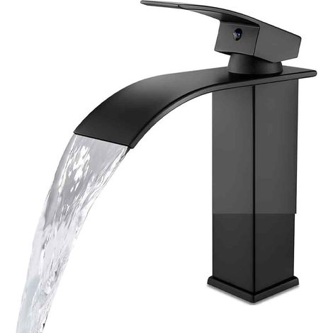 Robinet de salle de bain avec deux tuyaux d'entrée - Eau froide et chaude - Design cascade moderne - Corps de valve en cuivre noir durable. (1/5)