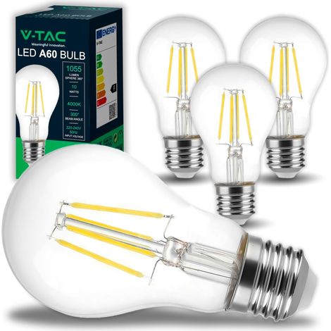 V-TAC 4x Lampadina LED a Filamento con Attacco E27 10W (Equivalenti a 75W) A60-1055 Lumen - 4 Lampadine LED Massima Efficienza e Risparmio Energetico - 4000K Luce Bianca Naturale (1/5)