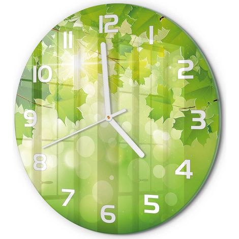 Horloge Murale Ronde Quartz Verre Trempé Design Moderne Salon Chambre Bureau Feuilles de marronnier fi 30 cm (1/5)