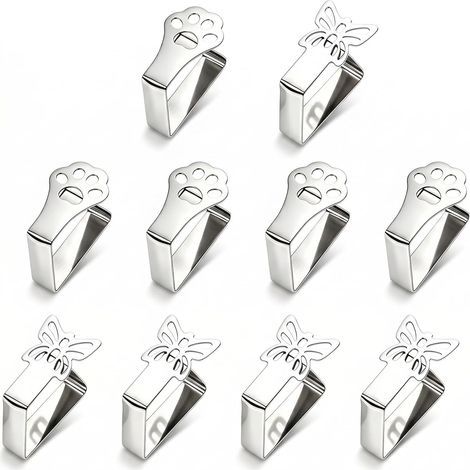 Set di 10 mollette per tovaglia, 5 a forma di farfalla e 5 a forma di zampa di gatto, in acciaio inossidabile, antiscivolo, per tavoli con spessore da 2,5 a 3,5 cm, per uso interno ed esterno (1/5)