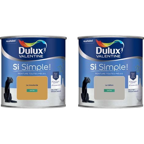 Dulux Valentine Peinture Si Simple Lot de 2 Peinture Intérieure Toutes Pièces Satin - Peinture Murs et Plafonds, Portes et Plinthes - Couleurs : Le Béton & Le Moutarde 0,5 L