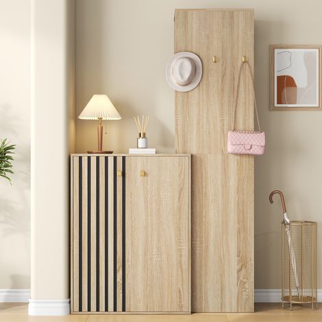 Vestiaire d'entrée 115 x 38,5 x 191,5 cm, patères, étagères réglables, rangement haut, portes rainurées, MDF Naturel (1/5)