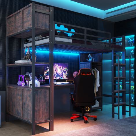 Lit mezzanine gaming 90x200cm en métal avec éclairage LED,armoire,rangement,prises et garde corps haut de sécurité,cadre de lit superposé simple,Noir (1/5)
