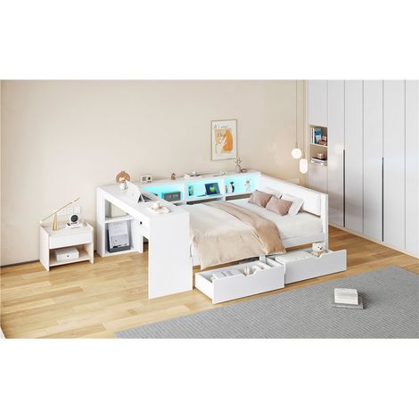 Lit plateau 140x200  blanc avec têtes de lit led, tiroirs et chargeurs (1/5)