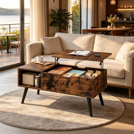 Table basse relevable multifonction, bois E1, 100 x 43 x 50 cm, plateau 43-57 cm, coffre 65 x 46,5 x 19 cm, 50 kg (1/5)