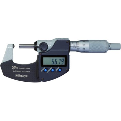 Mitutoyo Digitale Bügelmessschraube IP65 mit sphärischen Messflächen, 0-25 mm, sphärischer Amboss (1/5)