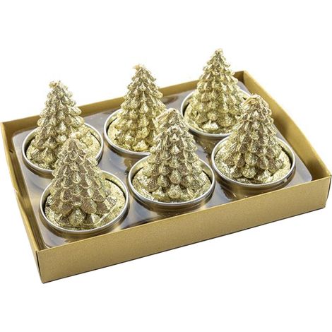 Set 6 Lumini a forma di Albero di Natale "Wonderland" con confezione regalo, 14 x 9,5 x h 6 cm -Oro (1/2)
