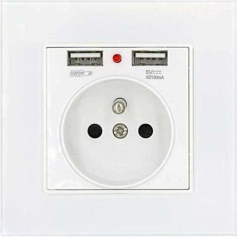 UlisemPrise de Courant Panneau en Verre Prise Standard Français Murale avec Indicateur de Puissance de Charge Usb Double 2.1A, Prise Standard Français Encastrée 16A 250V Blanc (1/4)