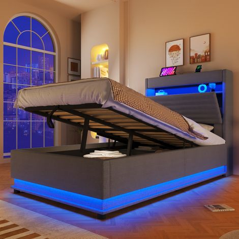 Lit coffre 90x200 avec rangement hydraulique & led, lit capitonné avec usb-c & app, design moderne en lin, sommier inclus, gain de place - gris (1/5)