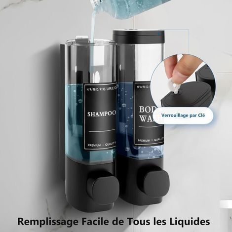 Wandmontierter Seifenspender, Duschgelspender, Doppelspender für Shampoo und Spülung, kein Bohren erforderlich, ABS, für Badezimmer, Küche, Markt, Hotel, Restaurant, 300 ml (Schwarz) (1/3)