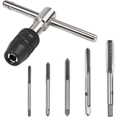 Jeu de tarauds et filières métriques 5 pièces, petits outils à visser métriques, tarauds m3 m4 m5 m6 m8 hss, avec clé à tarauder réglable et boîte de rangement (1/5)
