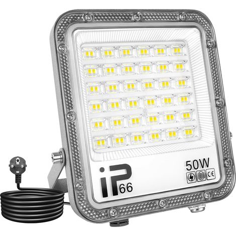 Projecteur LED d'extérieur 50 W 5000 lm 6 000 K blanc froid étanche IP66 pour jardin, garage, cour, pelouse, cour, atelier, terrasse, câble de 1 m avec prise britannique