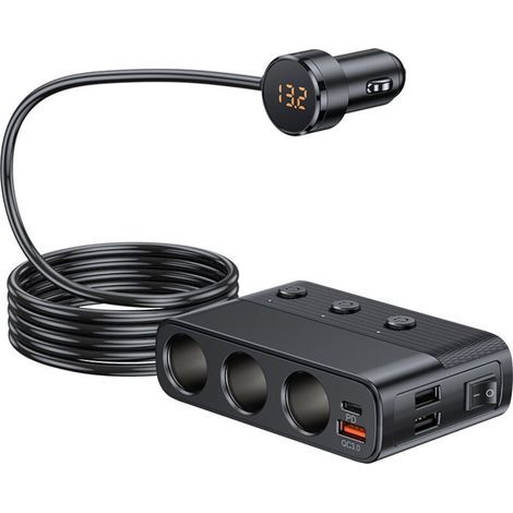 Chargeur de voiture, répartiteur de prise allume-cigare, chargeur USB 7 en 1, adaptateur 3 prises avec interrupteurs, prise d'alimentation PD et QC3.0, adaptateur de prise voiture, charge rapide pour (1/4)