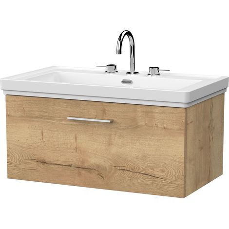 Pershall Contemporary Wall Hung 1 Drawer Vanity Unit with Traditional 3 Tap Hole Fireclay Basin, 800mm, Autumn Oak
