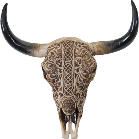 Decoración de pared con forma de cabeza de toro de 31 cm trofeo Longhorn con diseño tribal en poliresina para interior y exterior color natural 040002847 (1/5)