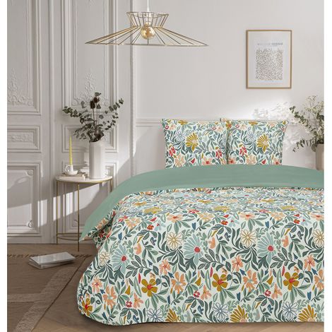 Parure de lit 2 personnes satin de coton 120 fils – Imprimé floral multicolore – Lavable 60°C – Housse de couette 260x240cm + 2 taies 63x63cm – Future Home (1/4)