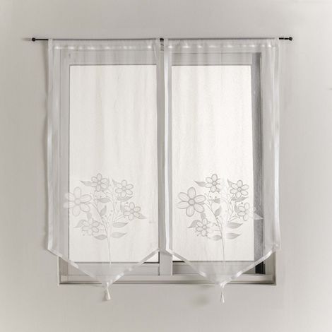 Paire de Voilage à Pompons "Fleurine" 45x120cm Blanc