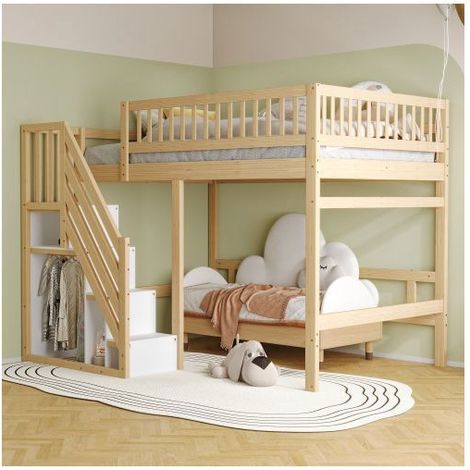 Lit Mezzanine 140x200cm - avec Escalier Rangement - Lit Mezzanine Enfant - Bois Massif, Gain de Place, Barrière Sécurité (1/5)