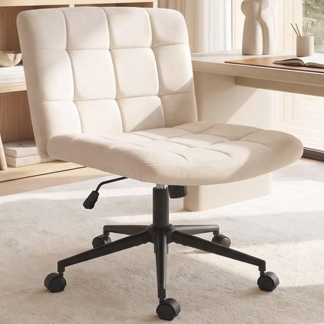 Bürostuhl Samt ohne Armlehnen, höhenverstellbarer Drehstuhl mit Rollen, 360° drehbar, breiter gepolsterter Sitz, Schreibtischstuhl für Schlafzimmer, Schminktisch und Arbeitszimmer, Beige (1/5)