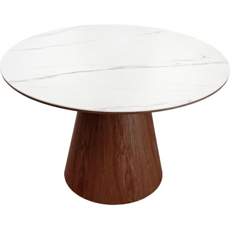 Esstisch LUMEA – Rund 120 cm – Tischplatte aus Keramik mit weißer Marmoreffekt – Massivholzbein – Zeitgenössischer Stil