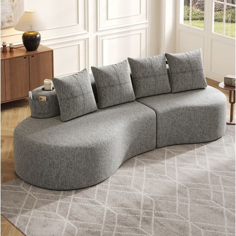 Divano in lino grigio chiaro con 4 cuscini, portabicchieri e tasche laterali, 240x109x63 cm (1/5)