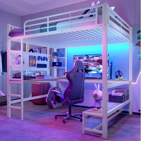 Hochbett, 140 x 200cm, Eisenrahmen, Schreibtisch, Geländer, Trittleiter, mehrere Ablagen, mit usb+type-c Steckdose, mit LED Leiste, mit Lochbrett, ohne Matratze, Weiß (1/5)
