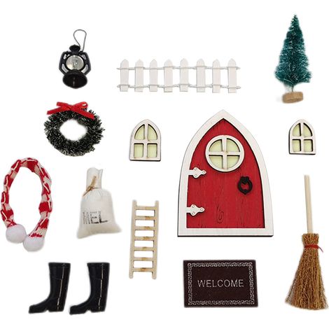 D. Miniatur-Weihnachtspuppenhaus mit Elfen-Leuchttür (insgesamt 14 Teile: Tasche1, Schal1, Weihnachtsbaum1, Öllampe1, Leiter1, Zaun1, Teppich1, Weihnachtskranz1, Besen1, Gummistiefel2, 3D-Tür1, 3D-Fen (1/2)