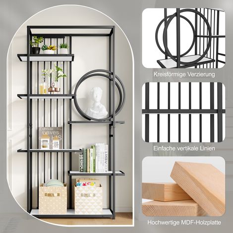 Étagère métallique 100 x 30 x 180 cm au style moderne, tube en acier robuste, structure géométrique, design à plusieurs niveaux, décoration ronde, adaptée à l'aménagement intérieur, blanc + noir (1/5)