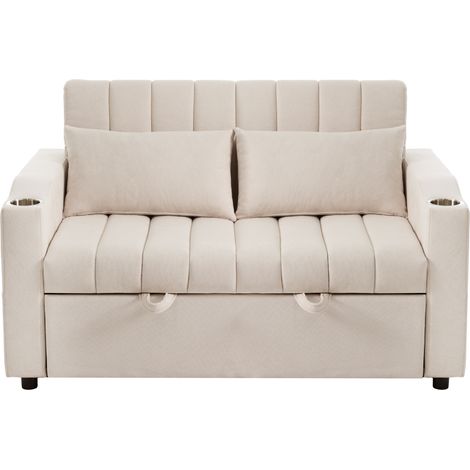 Divano letto multifunzione 2 posti beige con schienale regolabile e portabicchieri (1/5)