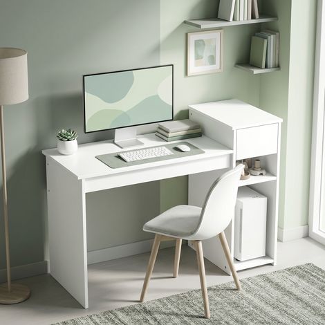 Bureau informatique avec tiroir et étagère, bureau d'ordinateur avec support d'unité centrale, 108 x 50 x 82 cm, blanc (1/5)