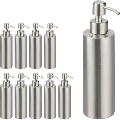 10x Dispenser di Sapone, Erogatore Ricaricabile, Accessori Bagno, WC, Cucina, Acciaio Spazzolato, 300 ml, Argento