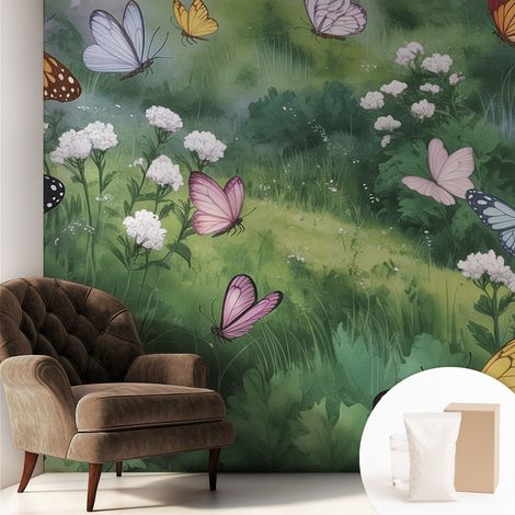 Papier peint intissé décoratif pour salon chambre et cuisine Facile à poser avec colle Papillons dans la prairie 250x250 cm (1/5)